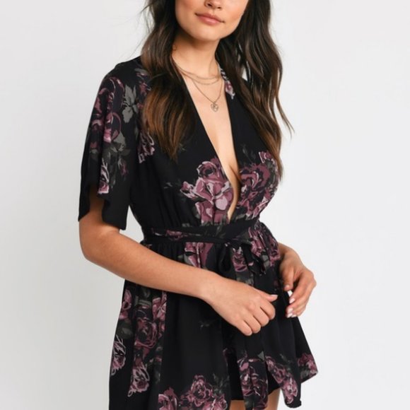 LOVELY ROSES BLACK MULTI FLORAL PRINT ROMPER TOBI - Picture 2 of 3